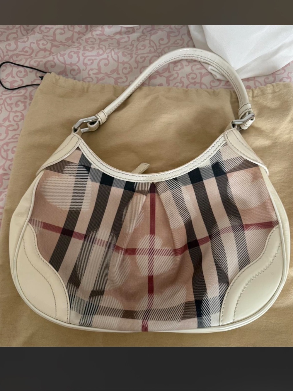 Burberry Cream Plaid Hobo Shoulder Bag